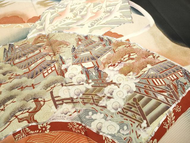 平和屋着物■豪華黒留袖　駒刺繍　地紙風景花文　暈し染め　金彩　正絹　逸品　DABF4573qa