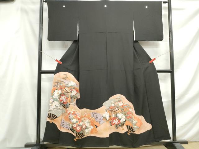 平和屋着物■豪華黒留袖　刺繍　扇面御所車花文　暈し染め　金糸　金彩　正絹　逸品　DABF4626qa