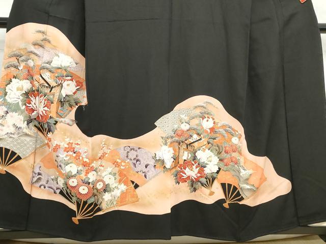 平和屋着物■豪華黒留袖　刺繍　扇面御所車花文　暈し染め　金糸　金彩　正絹　逸品　DABF4626qa