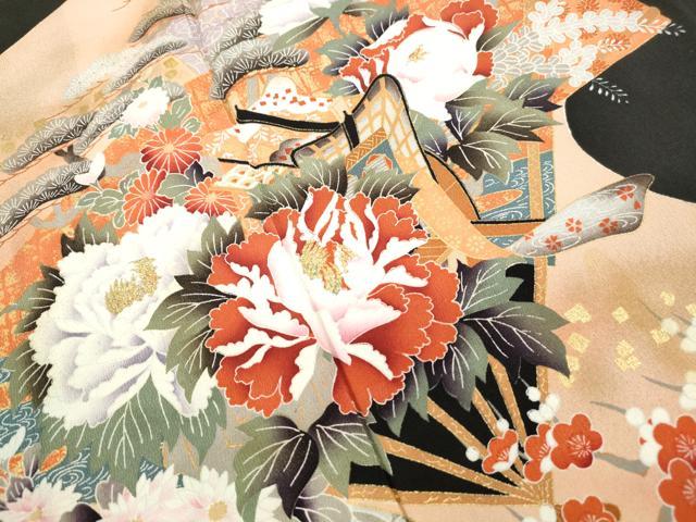 平和屋着物■豪華黒留袖　刺繍　扇面御所車花文　暈し染め　金糸　金彩　正絹　逸品　DABF4626qa