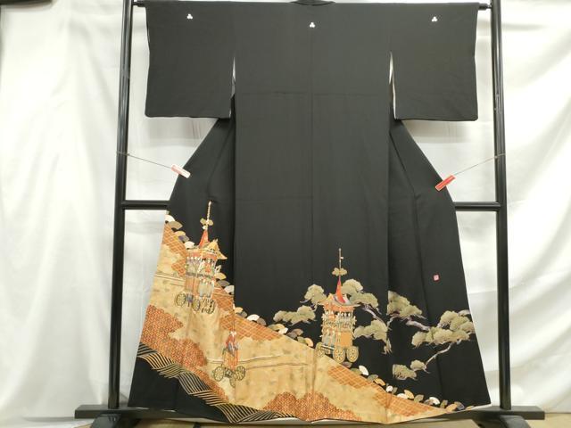 平和屋着物■五代 歌舞伎役者　坂東八十助　黒留袖　駒刺繍　祇園祭　金銀彩　正絹　逸品　DABF4634qa