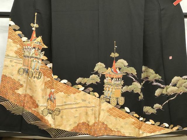 平和屋着物■五代 歌舞伎役者　坂東八十助　黒留袖　駒刺繍　祇園祭　金銀彩　正絹　逸品　DABF4634qa