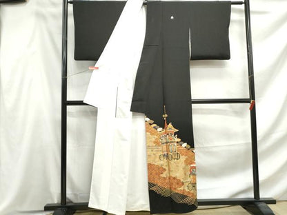 平和屋着物■五代 歌舞伎役者　坂東八十助　黒留袖　駒刺繍　祇園祭　金銀彩　正絹　逸品　DABF4634qa