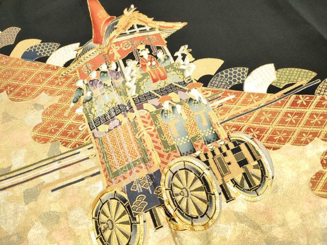 平和屋着物■五代 歌舞伎役者　坂東八十助　黒留袖　駒刺繍　祇園祭　金銀彩　正絹　逸品　DABF4634qa