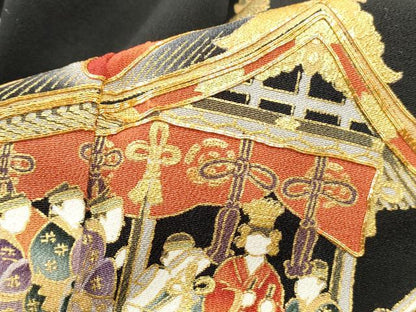 平和屋着物■五代 歌舞伎役者　坂東八十助　黒留袖　駒刺繍　祇園祭　金銀彩　正絹　逸品　DABF4634qa