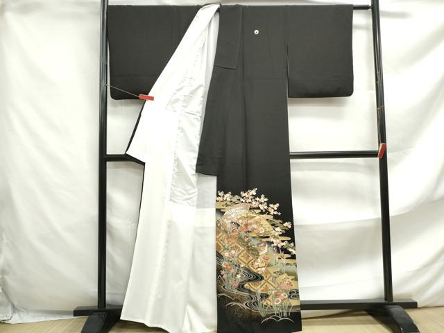 平和屋着物■豪華黒留袖　駒刺繍　地紙人物風景文　暈し染め　金銀彩　正絹　逸品　DABF4641qa