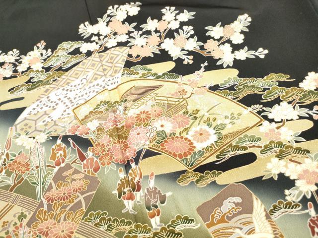 平和屋着物■豪華黒留袖　駒刺繍　地紙人物風景文　暈し染め　金銀彩　正絹　逸品　DABF4641qa