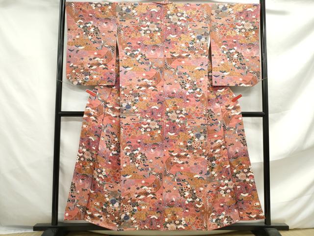 平和屋着物■上質な小紋　エ霞花蝶文　暈し染め　金彩　鬼しぼ縮緬　正絹　逸品　DABF4646qa