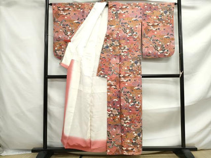 平和屋着物■上質な小紋　エ霞花蝶文　暈し染め　金彩　鬼しぼ縮緬　正絹　逸品　DABF4646qa