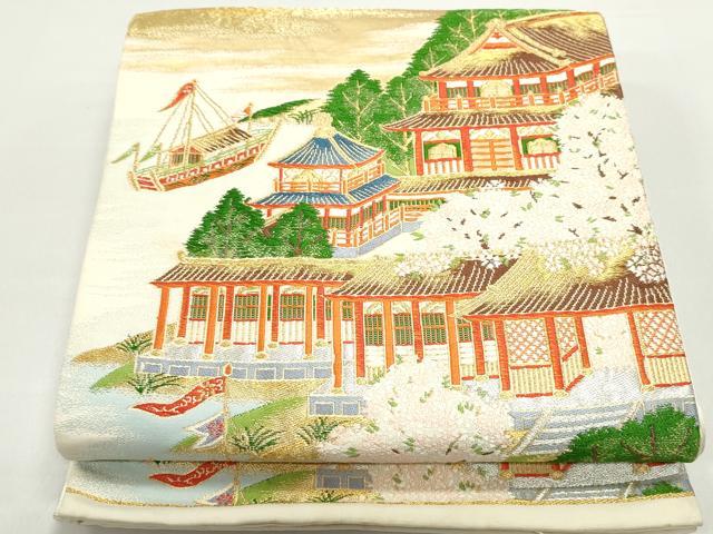 平和屋着物◎六通柄袋帯　唐織　重ね山風景文　金銀糸　正絹　逸品　DABF4679qa