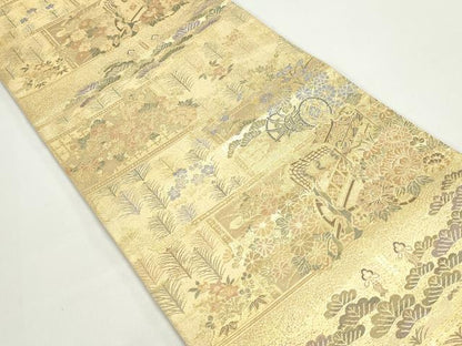 平和屋着物◎六通柄袋帯　御所車花文　翔鸞錦　金糸　正絹　逸品　DABF4683qa