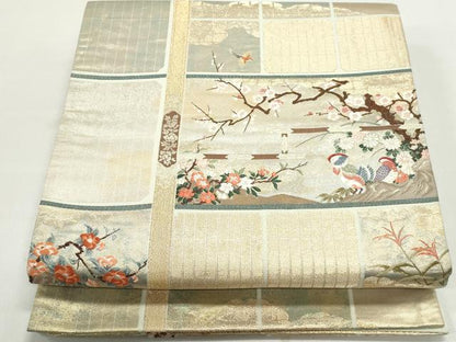 平和屋着物◎六通柄袋帯　格子舞蝶文　金糸　正絹　逸品　DABF4688qa