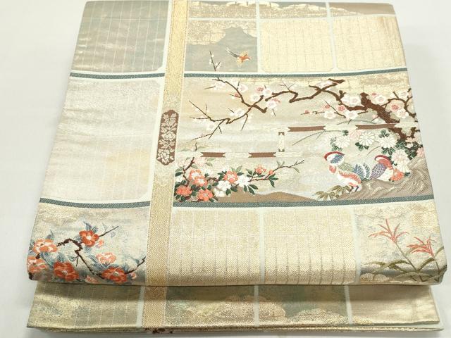 平和屋着物◎六通柄袋帯　格子舞蝶文　金糸　正絹　逸品　DABF4688qa