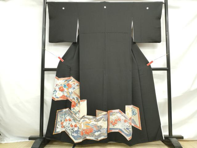 平和屋着物■豪華黒留袖　駒刺繍　屏風花鳥文　金糸　金彩　正絹　逸品　DABF4697qa