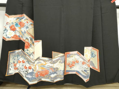 平和屋着物■豪華黒留袖　駒刺繍　屏風花鳥文　金糸　金彩　正絹　逸品　DABF4697qa