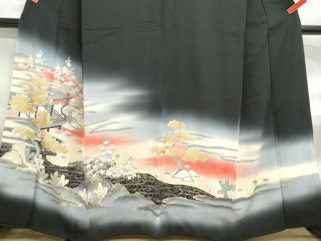 平和屋着物■豪華黒留袖　風景文　暈し染め　金銀彩　正絹　逸品　DABF4698qa