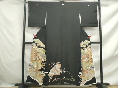 平和屋着物■豪華黒留袖　駒刺繍　扇面飛鶴花文　金彩　正絹　逸品　DABF4699qa