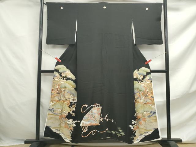 平和屋着物■豪華黒留袖　駒刺繍　扇面飛鶴花文　金彩　正絹　逸品　DABF4699qa
