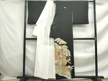 平和屋着物■豪華黒留袖　駒刺繍　扇面飛鶴花文　金彩　正絹　逸品　DABF4699qa