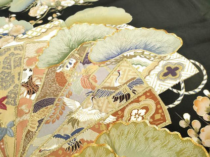 平和屋着物■豪華黒留袖　駒刺繍　扇面飛鶴花文　金彩　正絹　逸品　DABF4699qa
