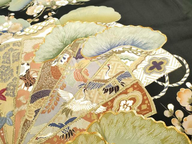 平和屋着物■豪華黒留袖　駒刺繍　扇面飛鶴花文　金彩　正絹　逸品　DABF4699qa
