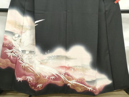 平和屋着物■豪華黒留袖　刺繍　立波花鳥文　暈し染め　金彩　正絹　逸品　DABF4703qa