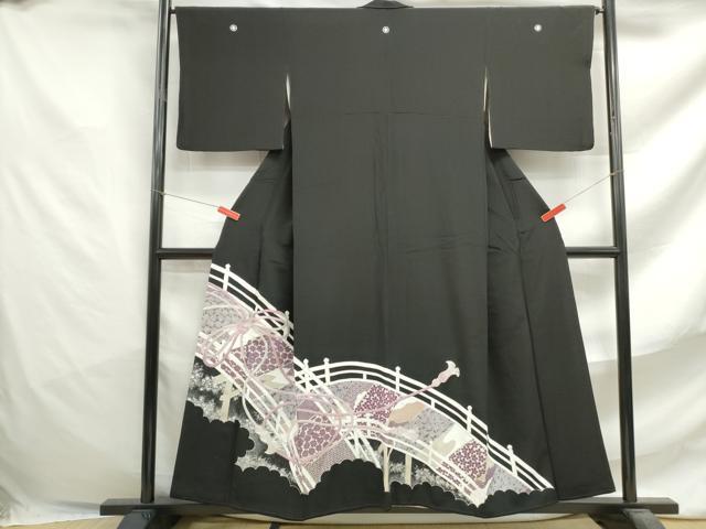 平和屋着物■豪華黒留袖　駒刺繍　渡橋花文　銀彩　正絹　逸品　DABF4709qa
