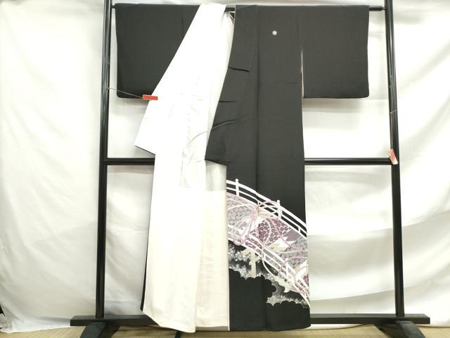 平和屋着物■豪華黒留袖　駒刺繍　渡橋花文　銀彩　正絹　逸品　DABF4709qa