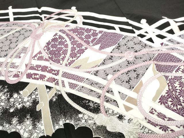 平和屋着物■豪華黒留袖　駒刺繍　渡橋花文　銀彩　正絹　逸品　DABF4709qa