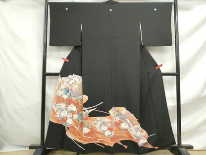 平和屋着物■豪華黒留袖　刺繍　扇面花鳥文　金銀彩　正絹　逸品　DABF4720qa
