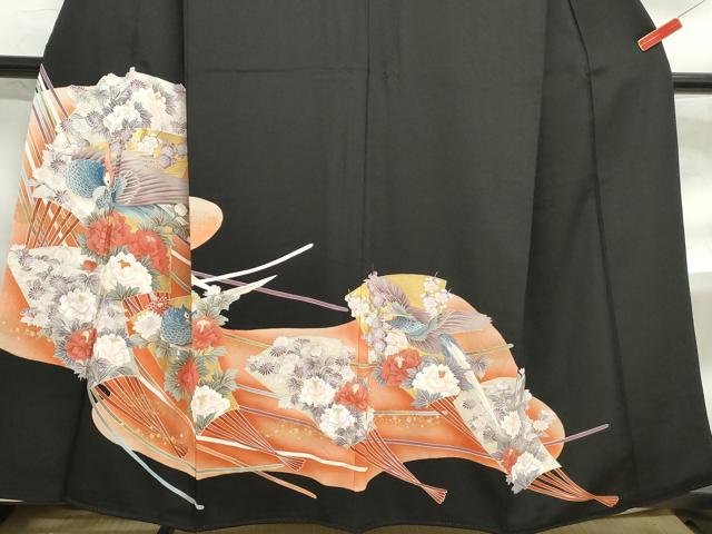 平和屋着物■豪華黒留袖　刺繍　扇面花鳥文　金銀彩　正絹　逸品　DABF4720qa