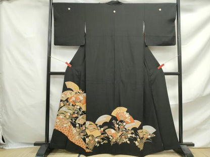 平和屋着物■豪華黒留袖　駒刺繍　重ね地紙花車文　金彩　正絹　逸品　DABF4721yqa