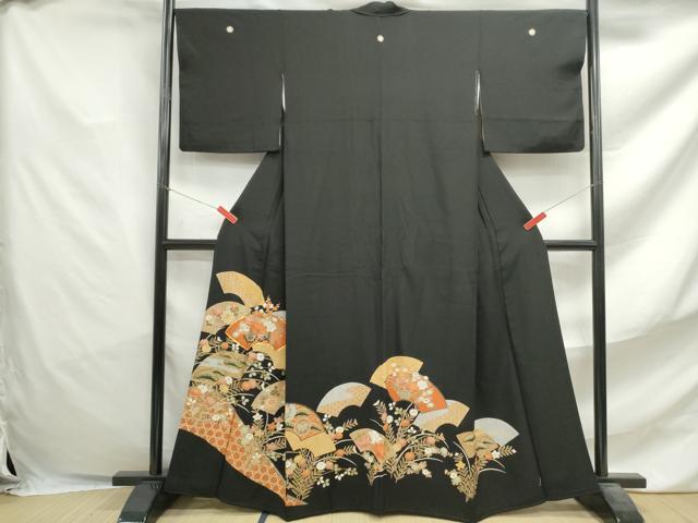 平和屋着物■豪華黒留袖　駒刺繍　重ね地紙花車文　金彩　正絹　逸品　DABF4721yqa