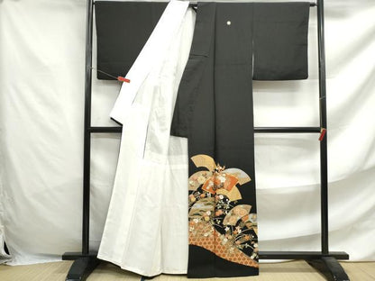 平和屋着物■豪華黒留袖　駒刺繍　重ね地紙花車文　金彩　正絹　逸品　DABF4721yqa