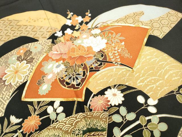 平和屋着物■豪華黒留袖　駒刺繍　重ね地紙花車文　金彩　正絹　逸品　DABF4721yqa