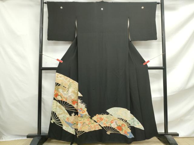 平和屋着物■豪華黒留袖　駒刺繍　扇面飛鶴花文　金彩　正絹　逸品　DABF4722qa