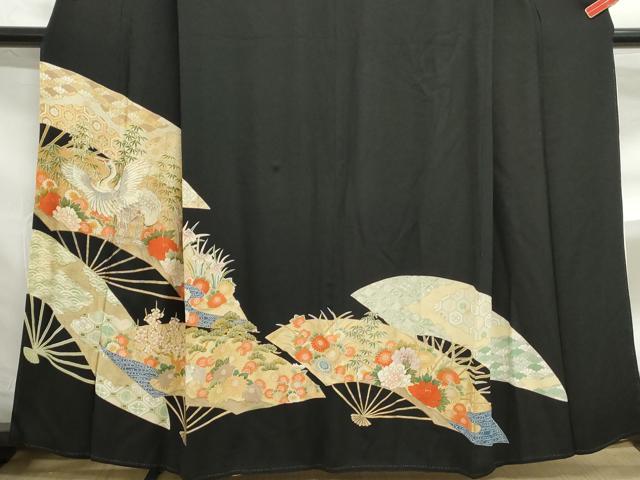 平和屋着物■豪華黒留袖　駒刺繍　扇面飛鶴花文　金彩　正絹　逸品　DABF4722qa