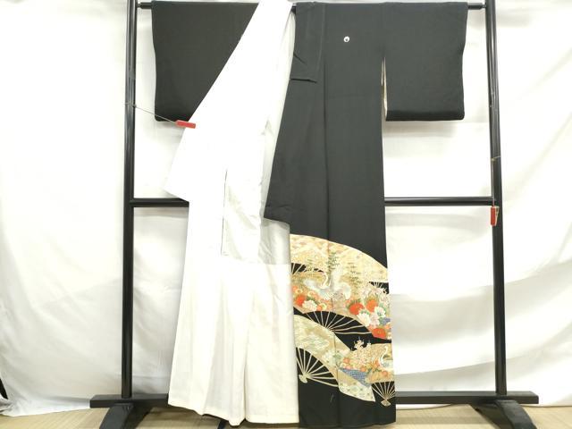 平和屋着物■豪華黒留袖　駒刺繍　扇面飛鶴花文　金彩　正絹　逸品　DABF4722qa