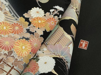 平和屋着物■豪華黒留袖　作家物　駒刺繍　風景花文　暈し染め　金彩　正絹　逸品　DABF4724qa