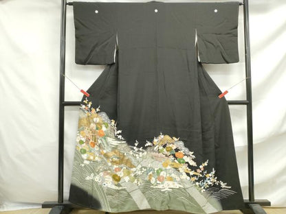 平和屋着物■豪華黒留袖 駒刺繍 浜松御所車花文 暈し染め 金彩 正絹 逸品 DABF4733qa