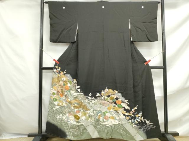 平和屋着物■豪華黒留袖 駒刺繍 浜松御所車花文 暈し染め 金彩 正絹 逸品 DABF4733qa