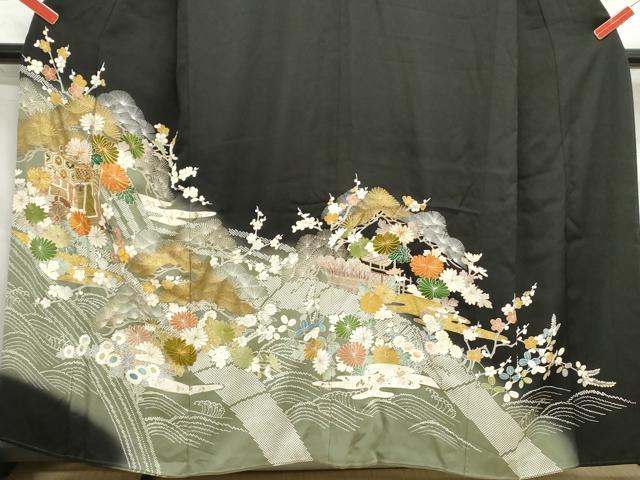 平和屋着物■豪華黒留袖 駒刺繍 浜松御所車花文 暈し染め 金彩 正絹 逸品 DABF4733qa