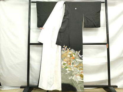 平和屋着物■豪華黒留袖 駒刺繍 浜松御所車花文 暈し染め 金彩 正絹 逸品 DABF4733qa