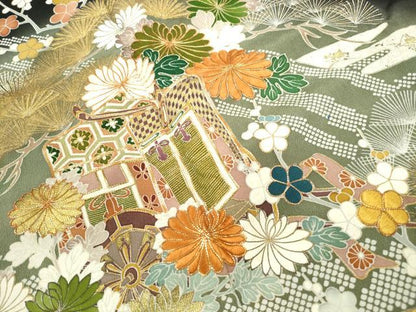 平和屋着物■豪華黒留袖 駒刺繍 浜松御所車花文 暈し染め 金彩 正絹 逸品 DABF4733qa