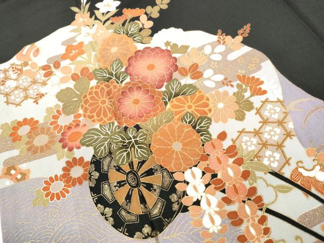 平和屋着物■豪華黒留袖 立波花車文 暈し染め 金彩 正絹 逸品 DABF4734qa