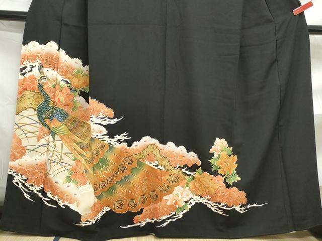 平和屋着物■豪華黒留袖 駒刺繍 孔雀花文 金彩 正絹 逸品 DABF4739qa