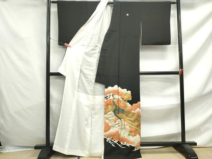 平和屋着物■豪華黒留袖 駒刺繍 孔雀花文 金彩 正絹 逸品 DABF4739qa