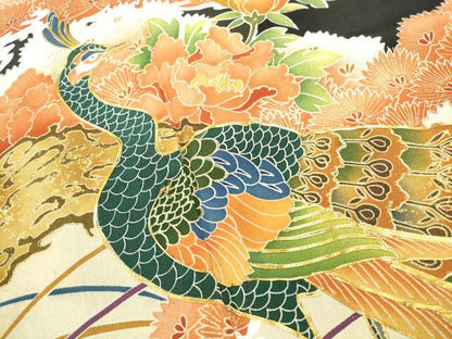 平和屋着物■豪華黒留袖 駒刺繍 孔雀花文 金彩 正絹 逸品 DABF4739qa