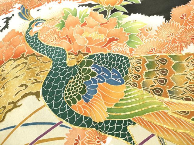 平和屋着物■豪華黒留袖 駒刺繍 孔雀花文 金彩 正絹 逸品 DABF4739qa