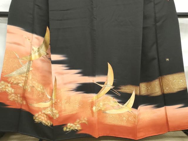 平和屋着物■中国三大刺繍 相良刺繍 黒留袖 作家物 寿光織 飛鶴枝松文 暈し染め 金彩 金糸 正絹 逸品 DABF4741qa